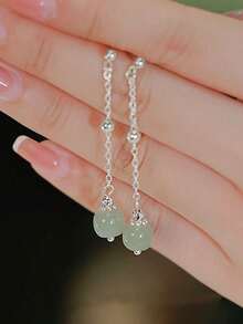 BALMORA 1 Pair 925 Sterling Silver Elegant Synthetic Jade Tassel Drop Earrings, Suitable For Women's Party, Daily Wear, Friendship Gathering Gifts - Silver - View 5
