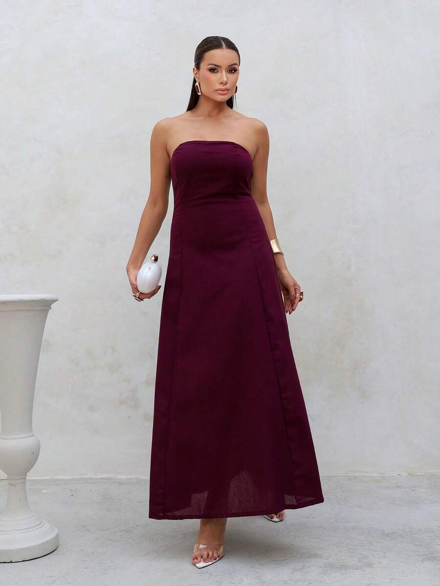 Elegant Strapless Long Linen Dress For Weddings, Offices, Holidays, Formal And Evening Events. - 如圖 - 查看 1