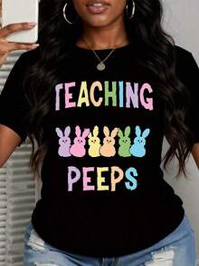 Camiseta de Mujer con Estampado de Conejo de Pascua, Estilo Casual de Primavera para Maestras y Celebraciones de Pascua - Negro - Ver 4