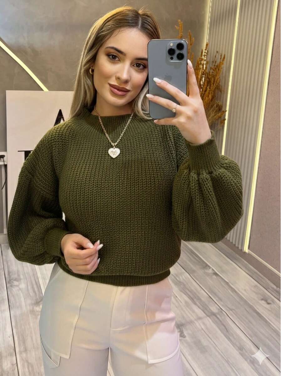 SELINE Women's Elegant Winter Blouse, Basic Knit. - Olive Green - View 1