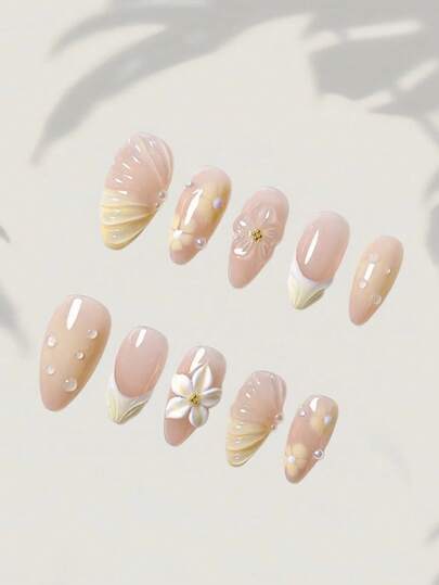 10片手工美甲贴纸，可拆卸易戴，短款亚克力美甲贴纸，杏仁形，花卉图案，适合美甲、春季、学生、派对、约会等场合。