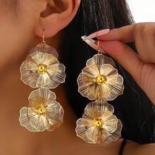 1pair Fashionable Double-Layer Floral Drop Earrings With Exaggerated Design, Long Floral Earrings For Women, Suitable For Daily Wear - Gold - View 1