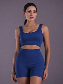 jelik fashions 3-Piece Ribbed Knit Set Includes 3 Pieces: Top, Leggings, And Shaping Shorts - Fitness, High-Waisted, For Gym, Walking - Màu xanh hải quân - Xem 8