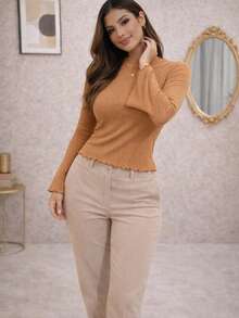 Blusa Feminina Ajustada Canelada Manga Sino Casual Elegante  Tecido de malha    Malhado    Manga Longa   Noite    Inverno - Marrom - Visão 4