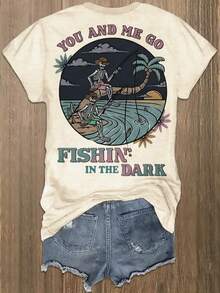 Double-Sided Printed Colored Cotton T-Shirt  Comfortable, Stylish With Minimalist Design, Casual & Versatile, INS Style Skeletons Fishing Under Moonlight 100 Percent Cotton Vintage T Shirts - 杏色 - 查看 2