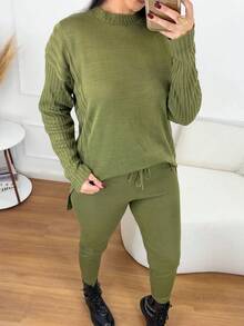 Women's Ribbed Knit Set: Mullet Blouse With Long Sleeves, Sweatshirt Set, Sweater, And Jogger Pants With Drawstring Cuffs - Winter Look - 橄欖綠 - 查看 2