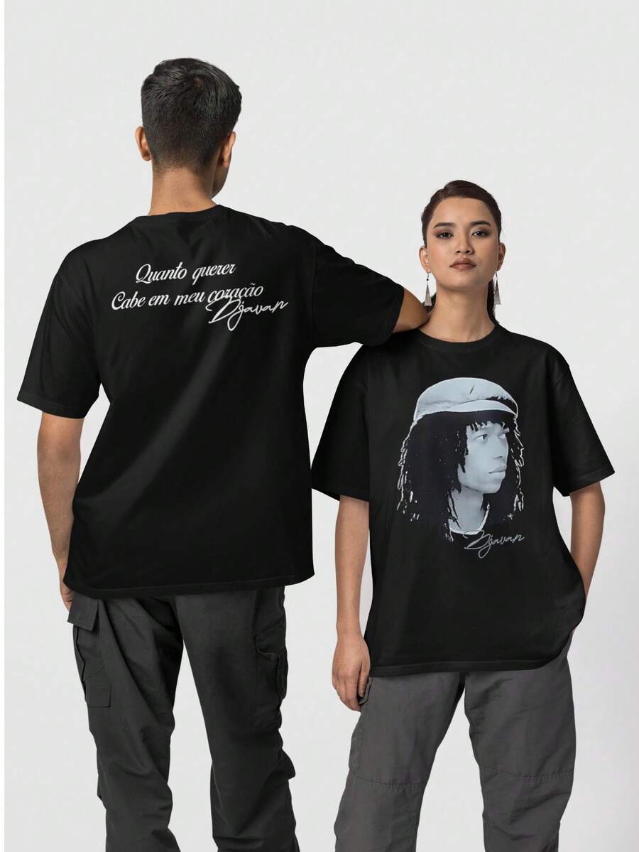 Basic T-Shirt With Djavan Print, New Model. - Mặt trước và mặt sau màu đen - Xem 1