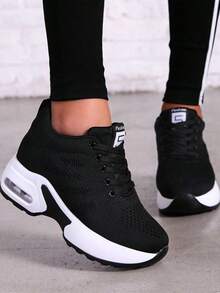 Fly Woven Sneakers, Women's Breathable Mesh Air Cushion Shoes, Women's Casual Dancing, Fitness, Running, Women's Shoes, Light Travel Shoes - 黑與白 - 查看 1