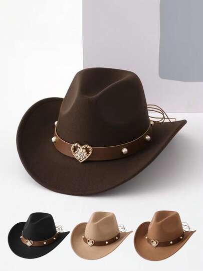 1 pieza Sombrero de vaquero universal para hombres y mujeres - Sombrero de vaquero unicolor, equipado con una hebilla de cinturón y una banda decorativa con un diseño de corazón único - Sombrero de vaquero para mujer, sombrero de soltera elegante, un sombrero KJ novedoso e interesante adecuado como regalo, sombrero de ala ancha, adecuado para usar en actividades, fiestas, fiestas de compromiso, juegos de roles, ceremonias de graduación, bailes de disfraces, festivales, celebraciones de cumpleaños, festivales de música con temática del oeste.