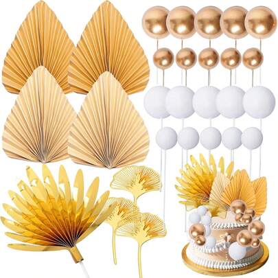 28pcs Bohemian Style Cake Decorations Set, Including Gold Paper Fans, Large Bamboo Leaves, Acrylic Ginkgo Leaves