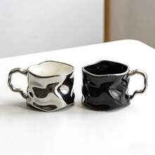 350毫升奢华不规则扭曲马克杯，镀银陶瓷咖啡杯带把手，创意褶皱纹理茶杯，适用于办公室和家庭 - 彩色 - 查看 6