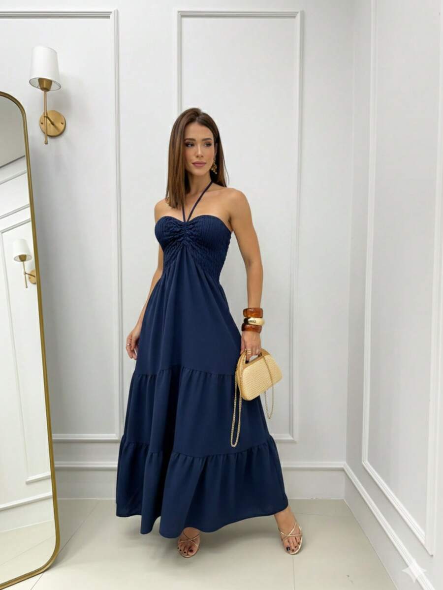 Long Dress With Three Tiers, Elasticated, Multi-Way Detail, Halter Neck, Elegant Boho Style, Gathered Hem With Ruffle, Open Back, Backless, For Weddings. - Azul Marino - Ver 1