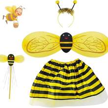 ✨ Disfraz Infantil de Abejita y Mariquita 4 Piezas  | Incluye Alas, Falda, Diadema y Varita | Ligero y Cómodo | Ideal para Festivales, Halloween, Presentaciones Escolares y Sesiones de Fotos | Diseño Colorido y Encantador ❤️ Material: Poliéster y tul sintético, estructura plástica ligera. - Amarillo - Ver 4