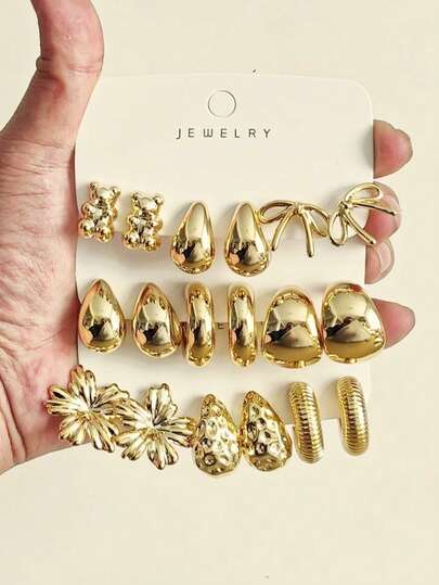 6/18pcs Gold Tone Earring Set - Featuring Intricate Floral And Ruffle C-Shaped Hoops, Paired With Glossy Dome And Teardrop Stud Earrings, A Versatile Women's Earring Set For Daily Wear And Parties