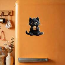 Irregular Shape Cookie Thief Cat Magnet: Black Kitty Hugging A Cookie With Adorable Expression, Lifelike Silhouette & Playful Fridge Art - A - View 5