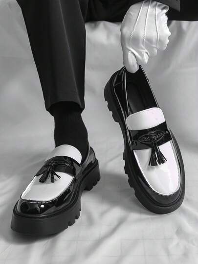 Men's Penny Loafers, Round Toe Thick Sole Formal Loafers, Black And White Contrast Color Fashion Dress Shoes, Decorated With Tassels, Business Casual Style, Made Of Ultra-Fine Fiber Leather, Rubber Sole, Comfortable And Durable. An Ideal Gift For Fathers, Elders Or Male Friends, Also A Perfect Choice For A Refined Gift. Suitable For All Seasons, Versatile And Fashionable.