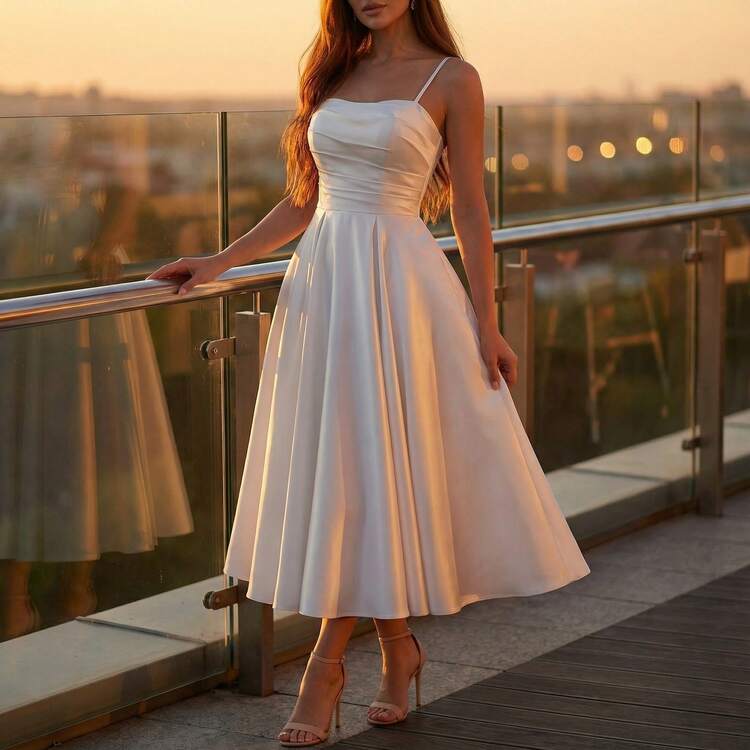 Vestido de novia con busto plisado, vestido formal blanco para mujer, vestido de satén de noche para mujer, vestido de debutante para mujer, vestido formal de fiesta de boda para mujer - Blanco - Añade 3