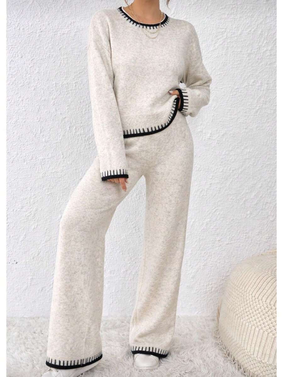 Basic Striped Mousse Women's Knit Set For Autumn/Winter - Natural - View 1