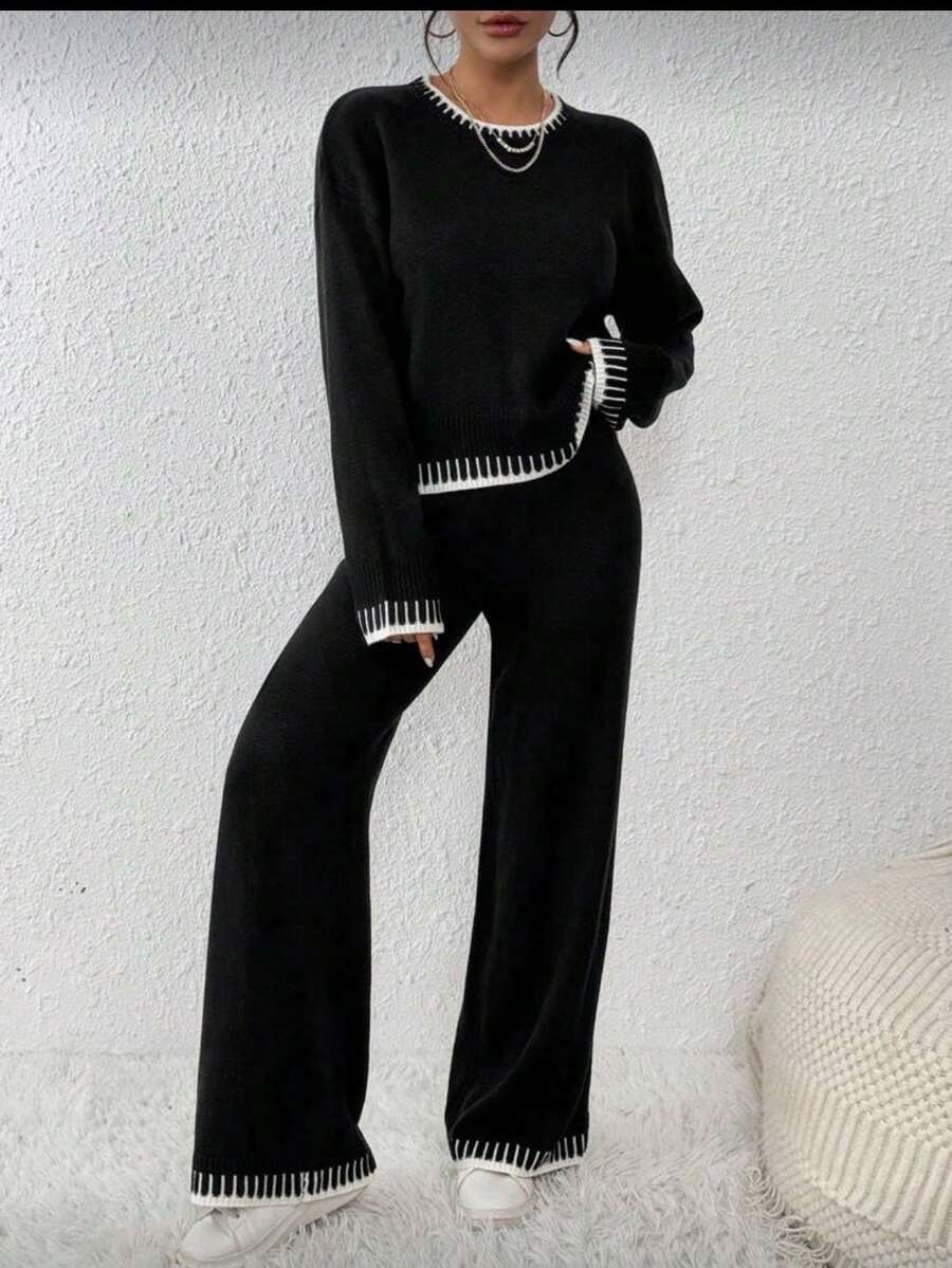 Basic Striped Mousse Women's Knit Set For Autumn/Winter - Black - View 1