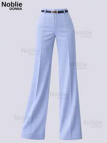 Women's Tailored Wide Leg Pants With Belt, Casual, Elegant, Pocket, Button, Zipper - 淺藍色 - 查看 1