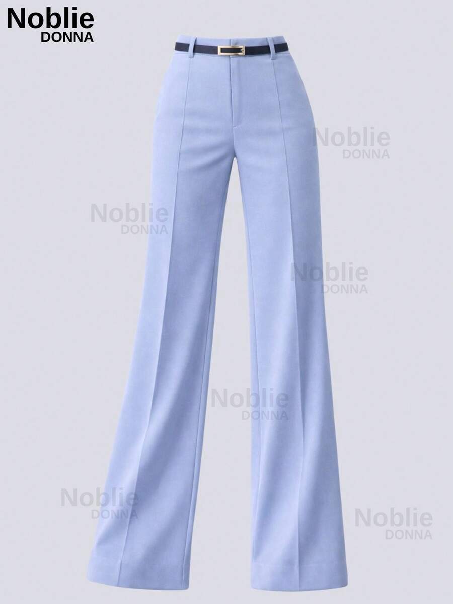 Women's Tailored Wide Leg Pants With Belt, Casual, Elegant, Pocket, Button, Zipper - 淺藍色 - 查看 1