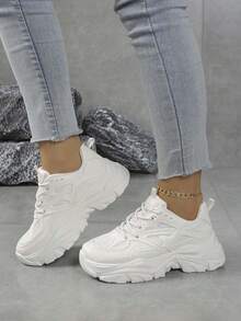 1 Pair Casual Sneakers For Teens, Breathable Mesh Upper, Thick Sole, Platform, Fashionable & Versatile White Shoes, Comfortable & Non-Slip, Suitable For Girls, Students, Campus, All Seasons - White - View 4