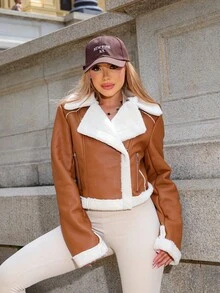 Women's Leather Jacket With Fur Trim 2026 - 駝色 - 查看 4