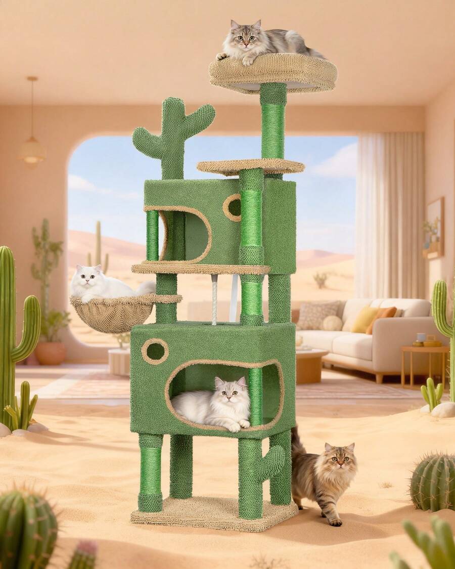 Árbol para gatos Cactus de 165 cm con 6 postes rascadores, 2 plataformas, 2 cuevas, cesta, bolas de peluche y cuerda de sisal. Apto para gatos de varios tamaños. Color verde y marrón. - marrón verdoso - Ver 1