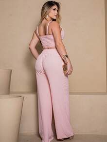 Women's Set: Wide-Leg Pants And Cropped Top With Padded Cups And Adjustable Straps. Available In Autumn/Winter Colors. - Baby Pink - View 1