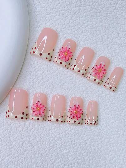10 piezas Conjunto de uñas postizas con pico de pato estilo Y2K - Hechas a mano, uñas rosas, uñas amarillas, uñas con puntas francesas amarillas, flores 3D hechas a mano, arte de uñas con flores rosas 3D, diseño de puntas francesas con lunares marrones dibujados a mano, acentos de pequeñas bolas de acero doradas brillantes