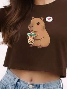 Cropped Camiseta Feminina Capivara Milk Top Passeio Academia - Marrom - Visão 2