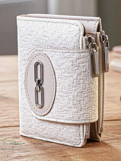 محفظة نسائية قصيرة، ذات ملمس نسيج مُنسوج، جلد PU ناعم ومُكرر، إغلاق بأزرار معدنية، سحاب مزدوج، سعة كبيرة متعددة الوظائف، حامل بطاقات، مظهر بسيط خفيف الوزن، مناسبة كهدية للمناسبات