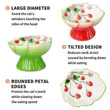 Ceramic Slow Feeder Cat Bowl, Elevated Pet Food Bowl For Cats & Small Dogs, With Slanted Opening, Helps Slow Down Fast Eaters, Non-Slip Base, Strawberry Country-Style Design For Dry & Wet Food - Strawberry Slow Feeder Bowl-pink - View 5