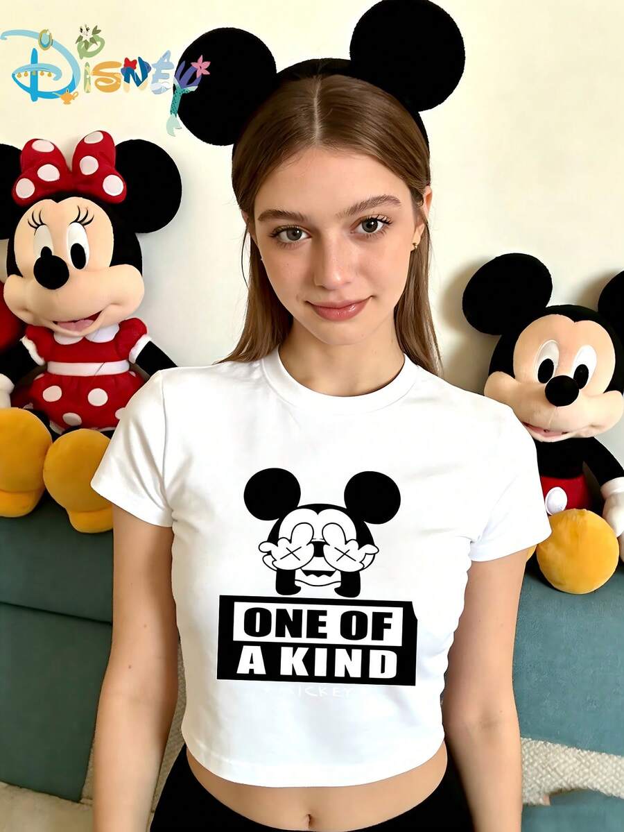 Disney Ladies' Sexy Short-Sleeved Round-Neck Polyester T-Shirt, Printed With  Pattern From - 白色 - 查看 1