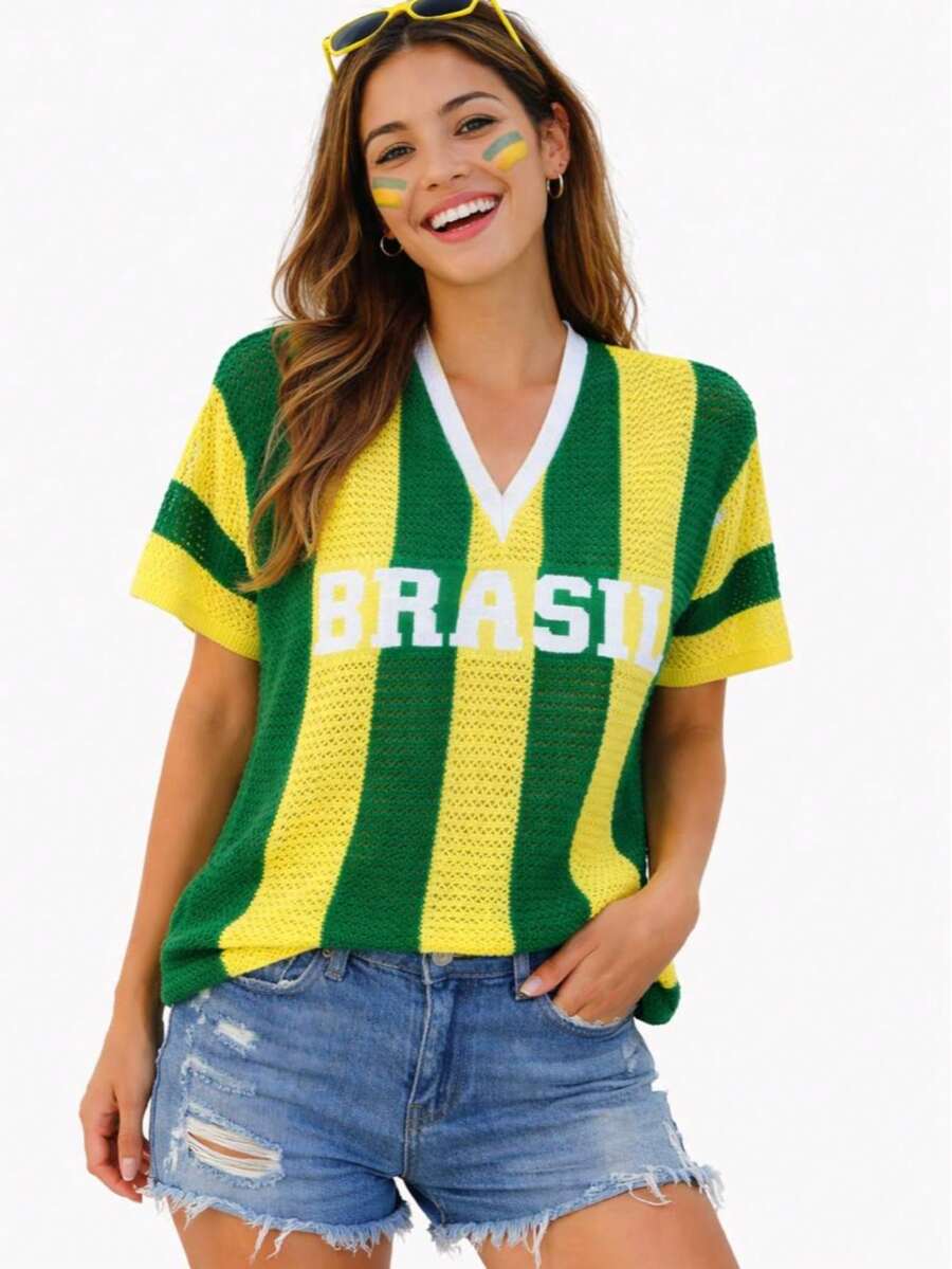 Blusa Crochê Feminina Brasil Tricot Oversized Verão Moda Copa  Brilhante    Esportes e Fitness    verão