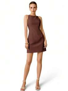 MODA MO, REF: AS1865 - Women's Short Sleeveless Dress With Thin Straps And A Back Zipper. Comfortable To Wear, This Elegant Summer Dress Flatters The Figure And Is Suitable For Everyday Wear. - 巧克力棕 - 查看 2