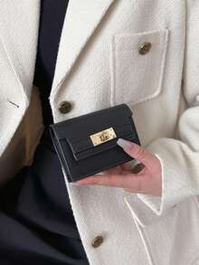 Women's Fashion Litchi Grain Lock Closure Short Multi-Card Slot Clutch Wallet - Black - View 4