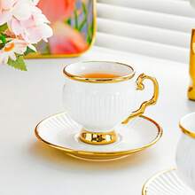 18 Pcs Ceramic Coffee Cup And Saucer Set (6 Cups, 6 Saucers, 6 Spoons) Tea Cup - White + Gold - View 5