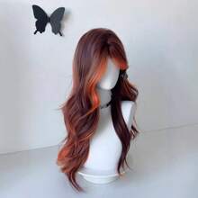 红橙色渐变长卷发假发，全头合成纤维假发，带刘海，中分大波浪，女士款 - 酒紅色 - 查看 6
