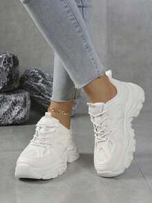 1 Pair Casual Sneakers For Teens, Breathable Mesh Upper, Thick Sole, Platform, Fashionable & Versatile White Shoes, Comfortable & Non-Slip, Suitable For Girls, Students, Campus, All Seasons - White - View 3