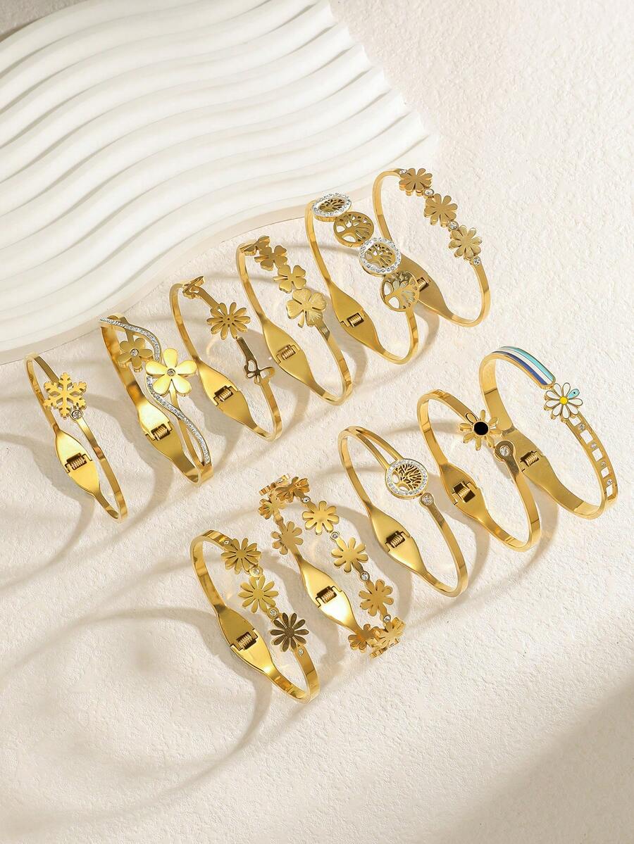 不锈钢多功能通勤镀金花卉手链套装，小众设计，提升优雅气质的必备珠宝 - 彩色 - 查看 1