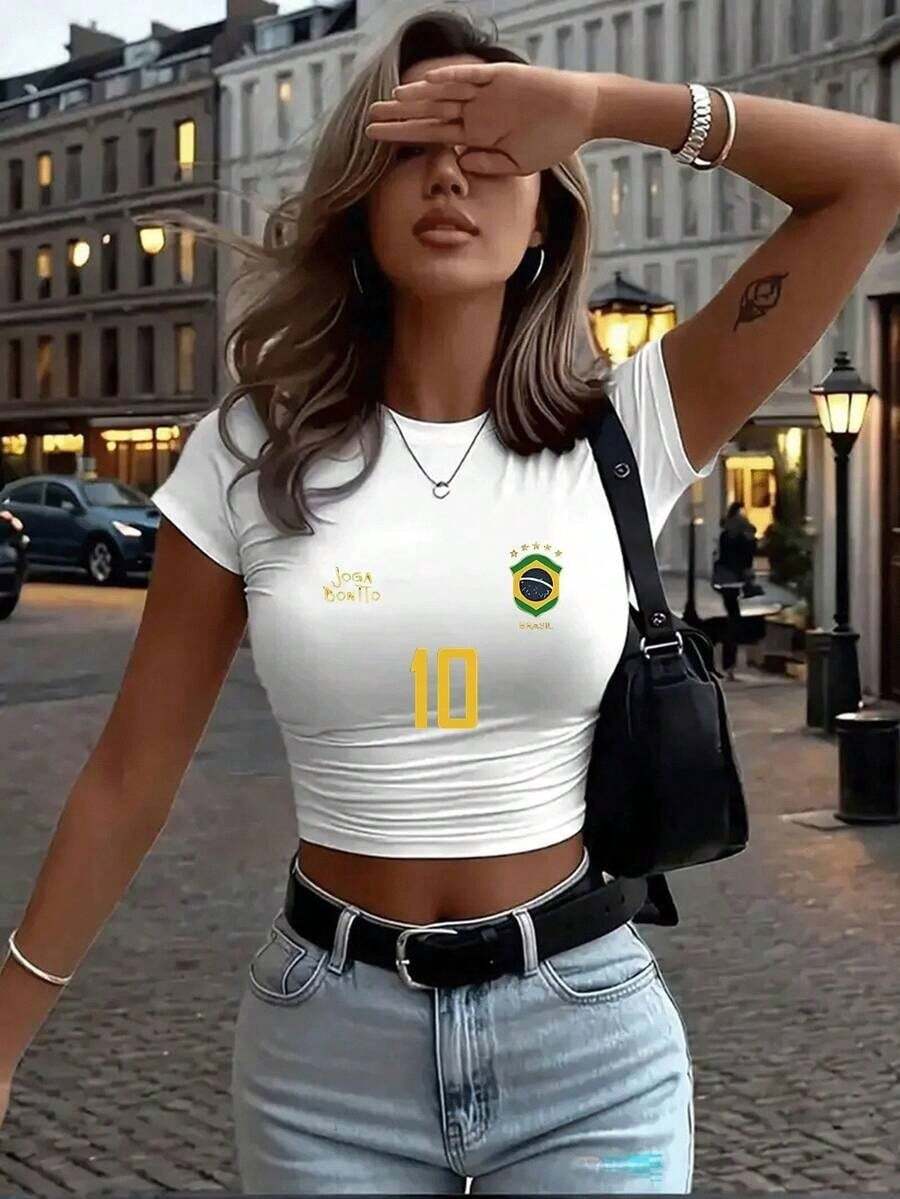 Stylish Brazilian Women's Cropped T-Shirt, Short, Gym/Sports, 100% Cotton, Elegant - trắng - Xem 1