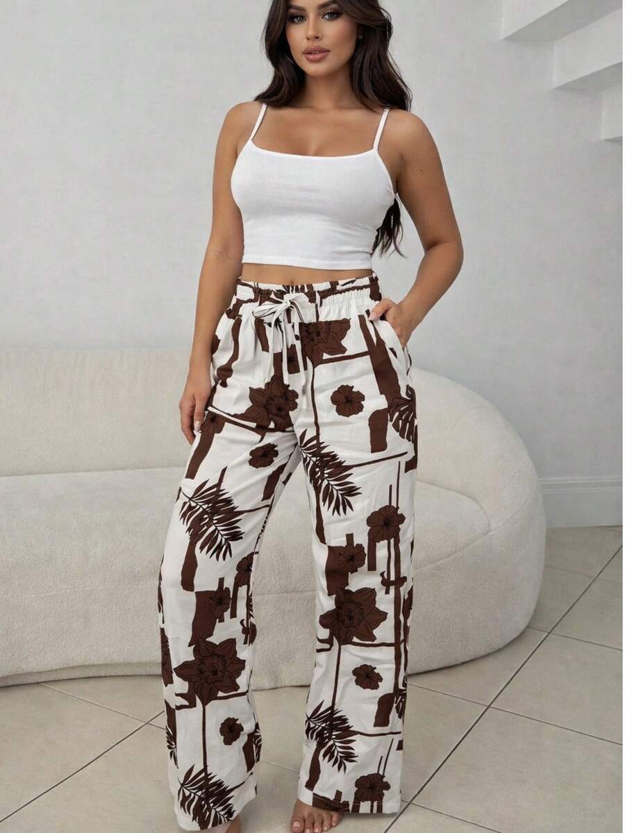 Printed Wide-Leg Pants With Side Pockets. - 鏽棕色 - 查看 1