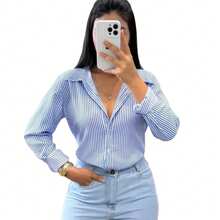 Women's Striped Long-Sleeved Dress Shirt, Crepe Fabric - 淺藍色 - 查看 3