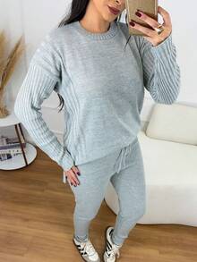 Women's Ribbed Knit Set: Mullet Blouse With Long Sleeves, Sweatshirt Set, Sweater, And Jogger Pants With Drawstring Cuffs - Winter Look - 灰色 - 查看 5