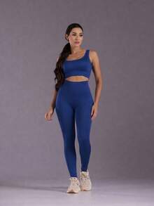 jelik fashions 3-Piece Ribbed Knit Set Includes 3 Pieces: Top, Leggings, And Shaping Shorts - Fitness, High-Waisted, For Gym, Walking - Màu xanh hải quân - Xem 2