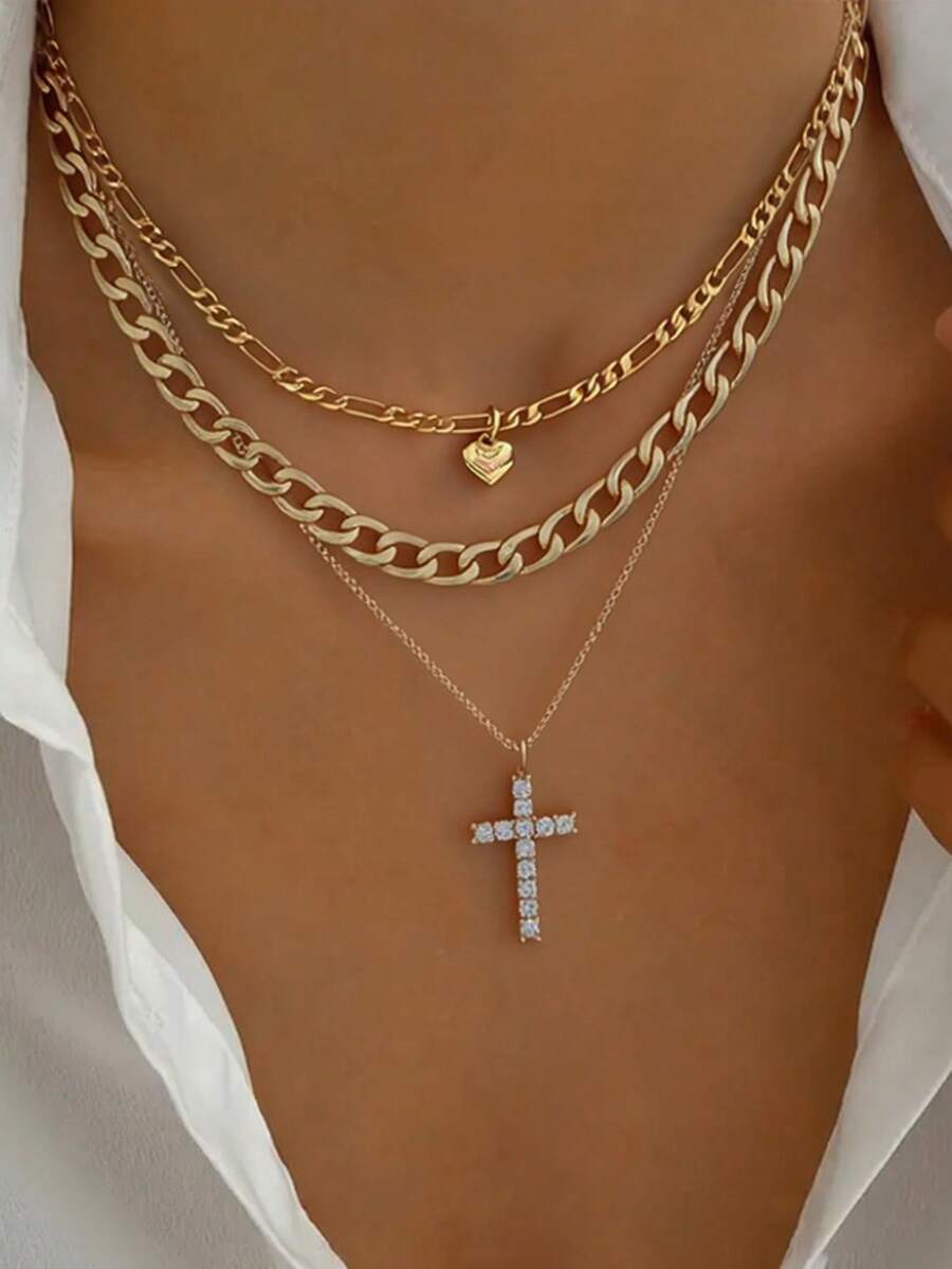 3件套优雅立方氧化锆十字架和心形吊坠多层项链，适合女性日常佩戴、约会、派对等场合。 - 金黃色 - 查看 1