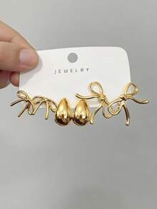 6/18pcs Fashionable Earring Set, Featuring Everlasting Flower, Water Drop, Small C-Shape, Five-Petal Flower, Butterfly Designs, Suitable For Daily And Holiday Wear. Made Of ABS Resin With UV Plated Non-Fading Gold Finish - Gold - View 2