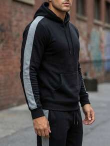 Unisex Kangaroo Hoodie Set With Adjustable Pants And Side Stripe - Modern Streetwear - Autumn/Winter - Regular Fit - Drawstring - Mesh Pocket - For Going Out - Casual Weekend - Holiday - Sports - Valentine's Day - Father's Day - 黑色/石楠紫 - 查看 4