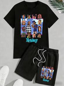 Mens Shirt And Shorts Set Cartoon Character Graphic Soft And Comfortable Crew Neck Short Sleeved Printed T Shirt A Street Style Top Suitable For All Seasons Casual Streetwear Style Crew Neck T Shirt - 黑色 - 查看 1